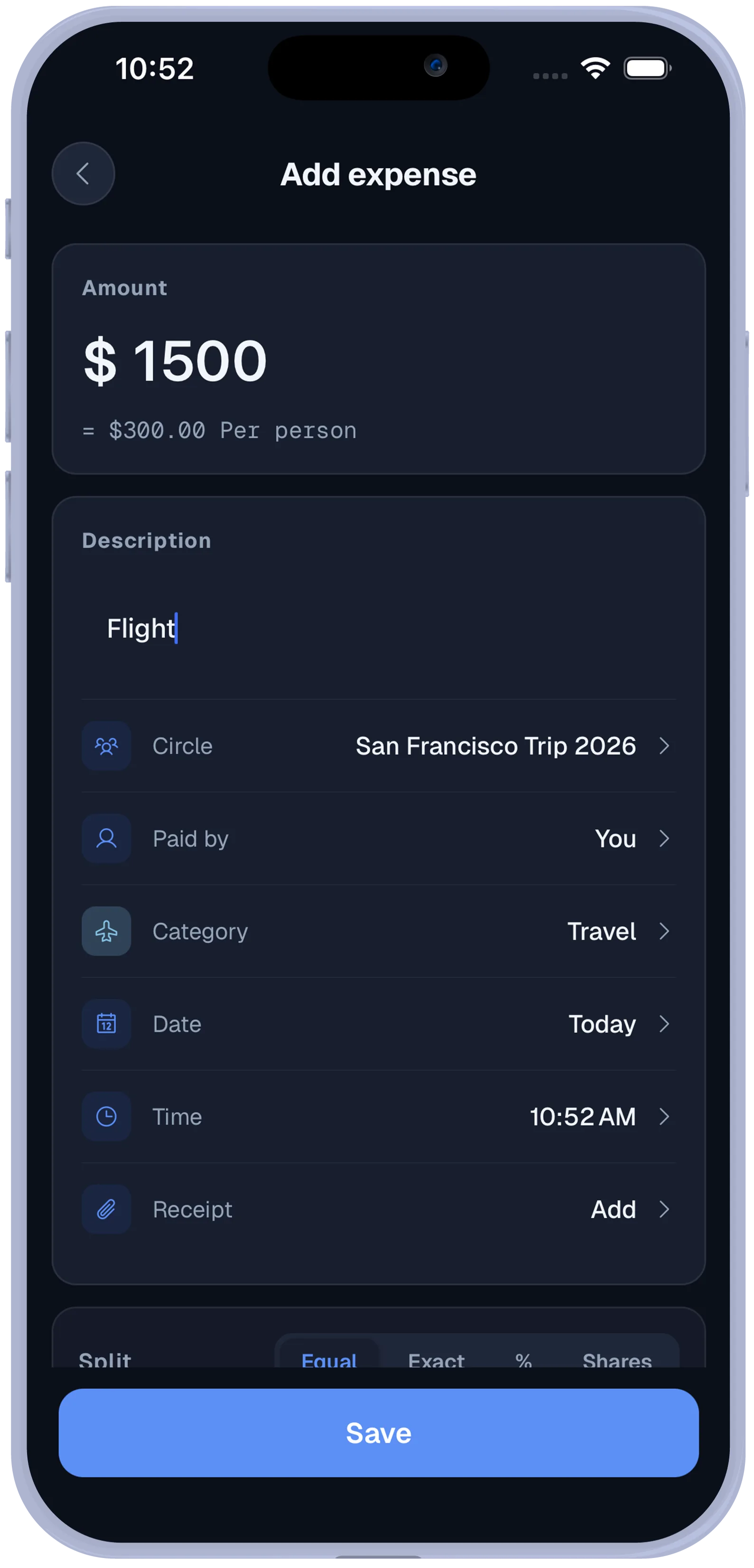 Split Circle Add Expense screen in dark mode