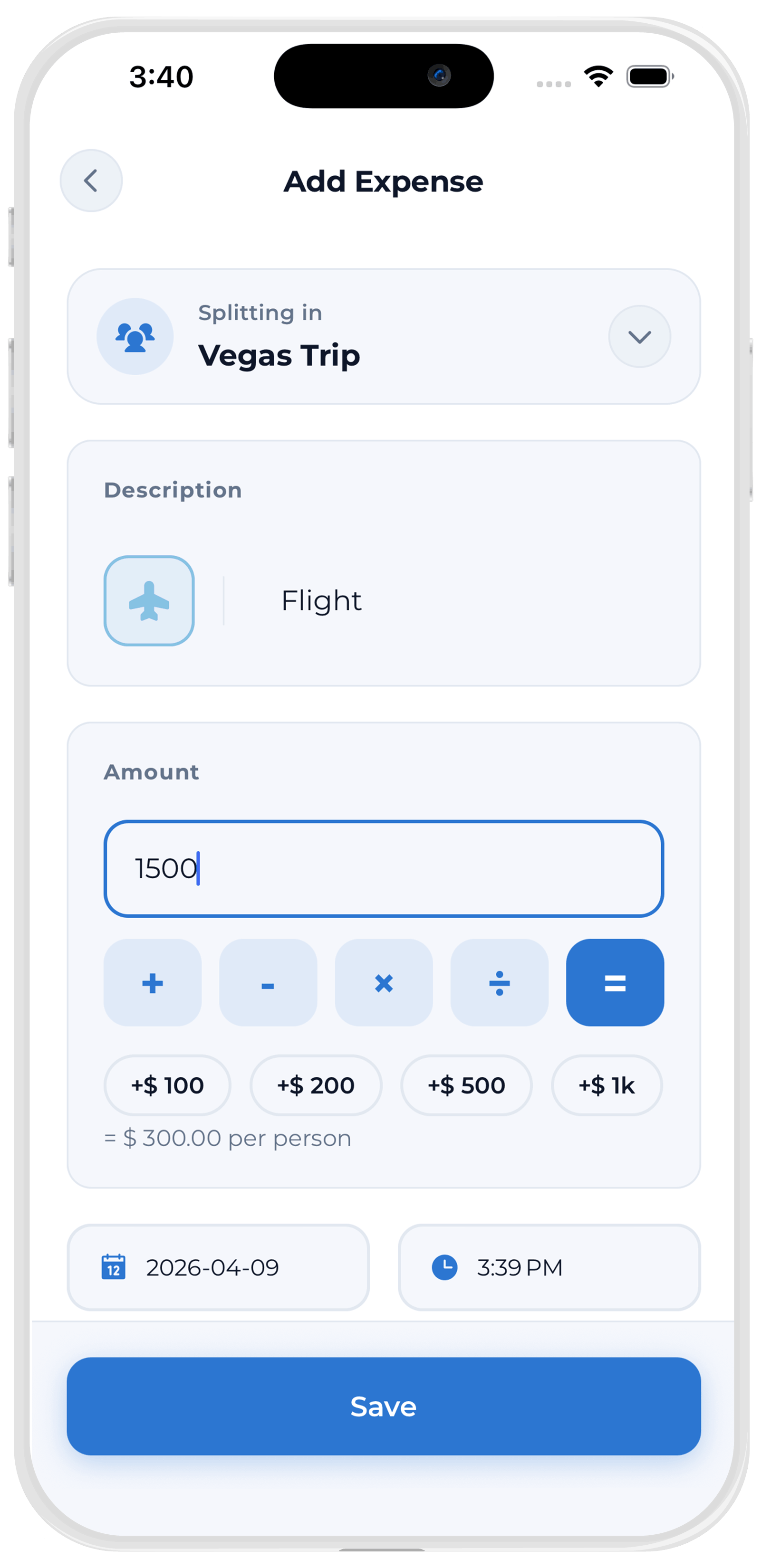 Add an expense and choose how to split it