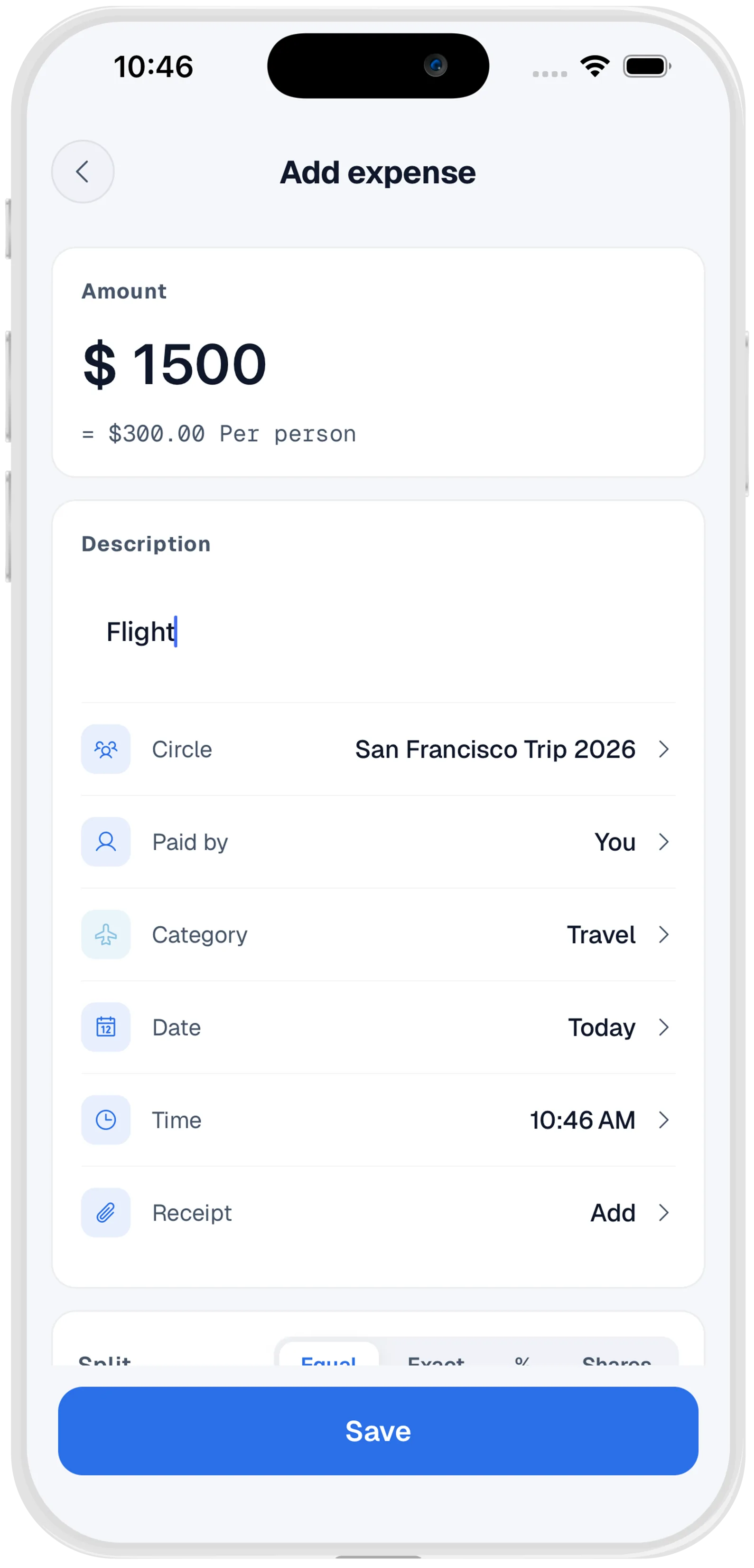 Split Circle Add Expense screen showing amount entry, payer, and split selection