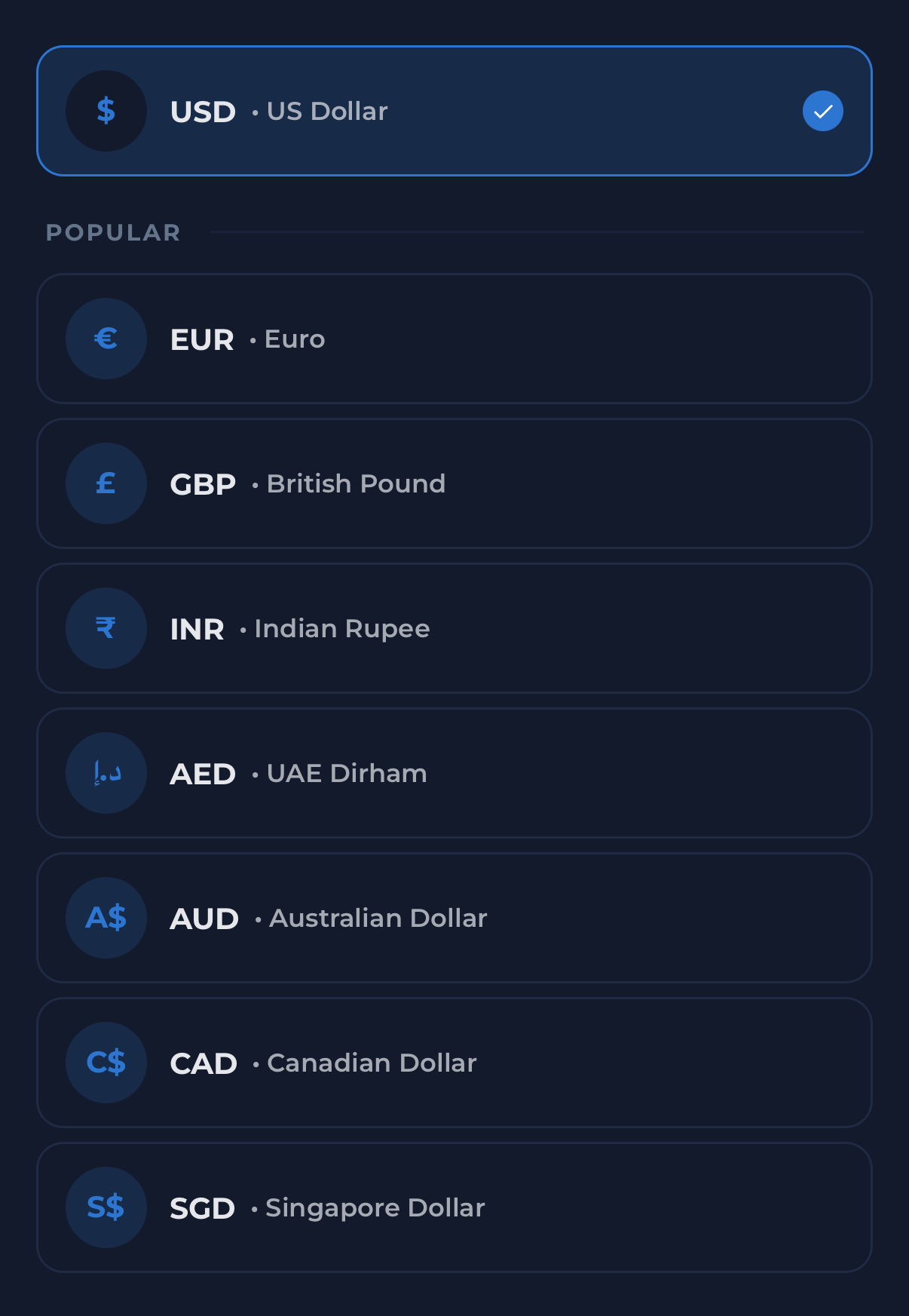 Currency selector showing a wide range of world currencies