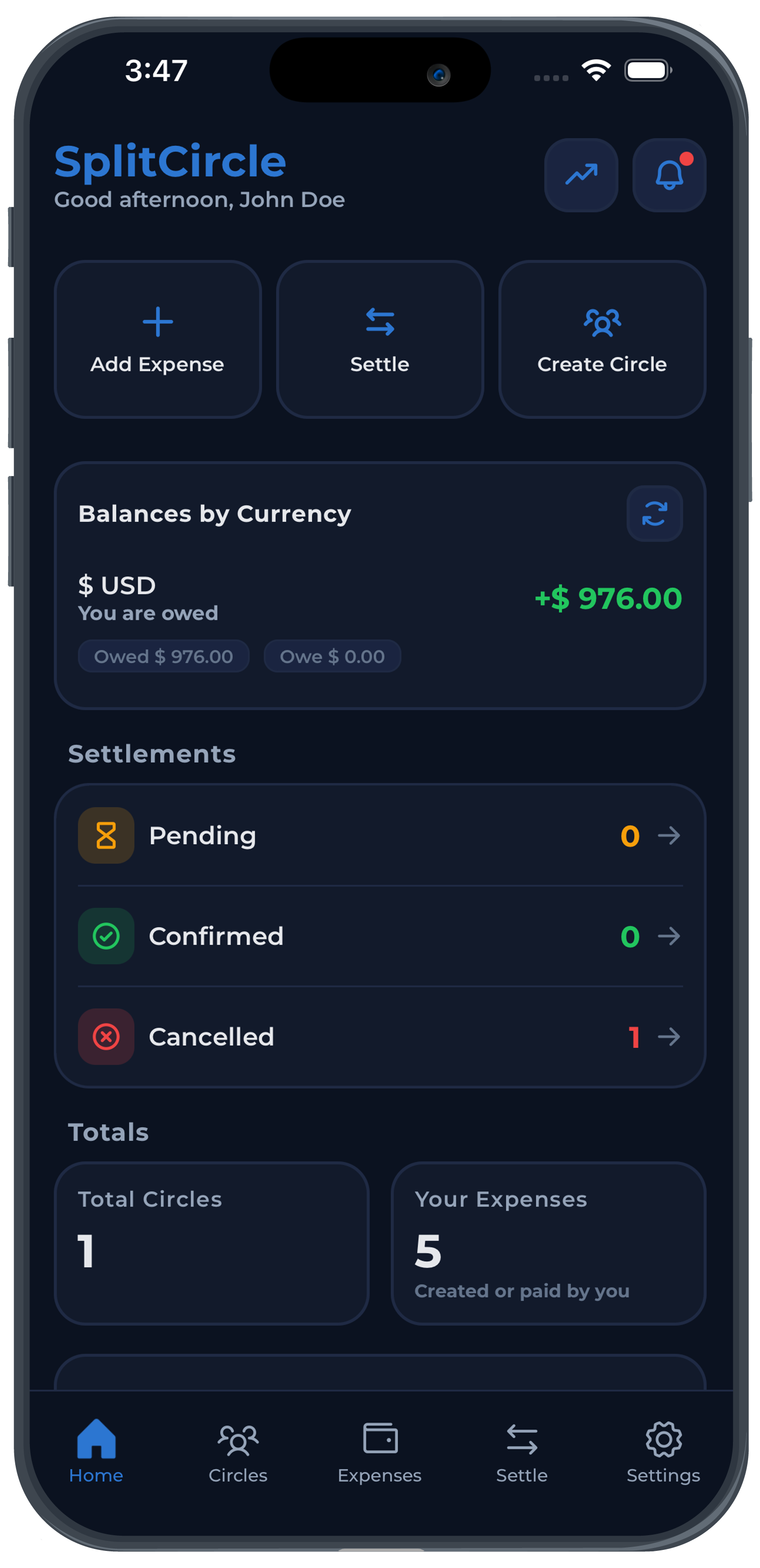 Split Circle app: group expense tracking, settlements, and analytics