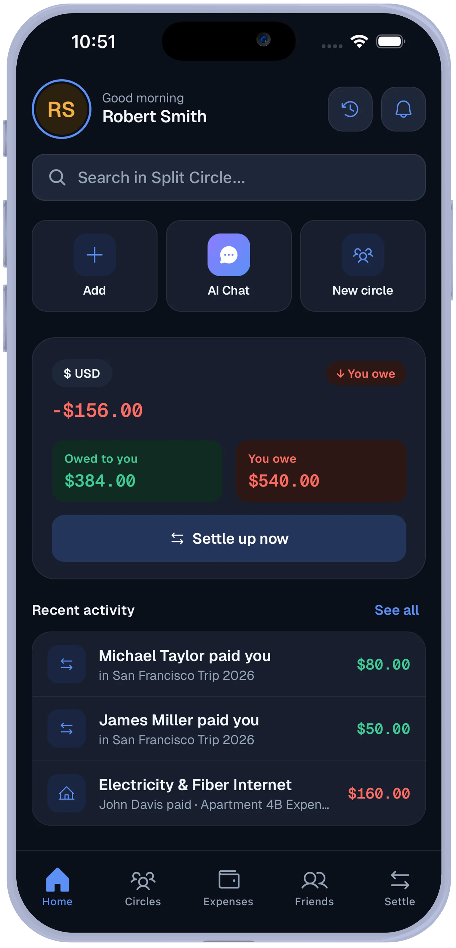 Split Circle app: group expense tracking, settlements, and analytics
