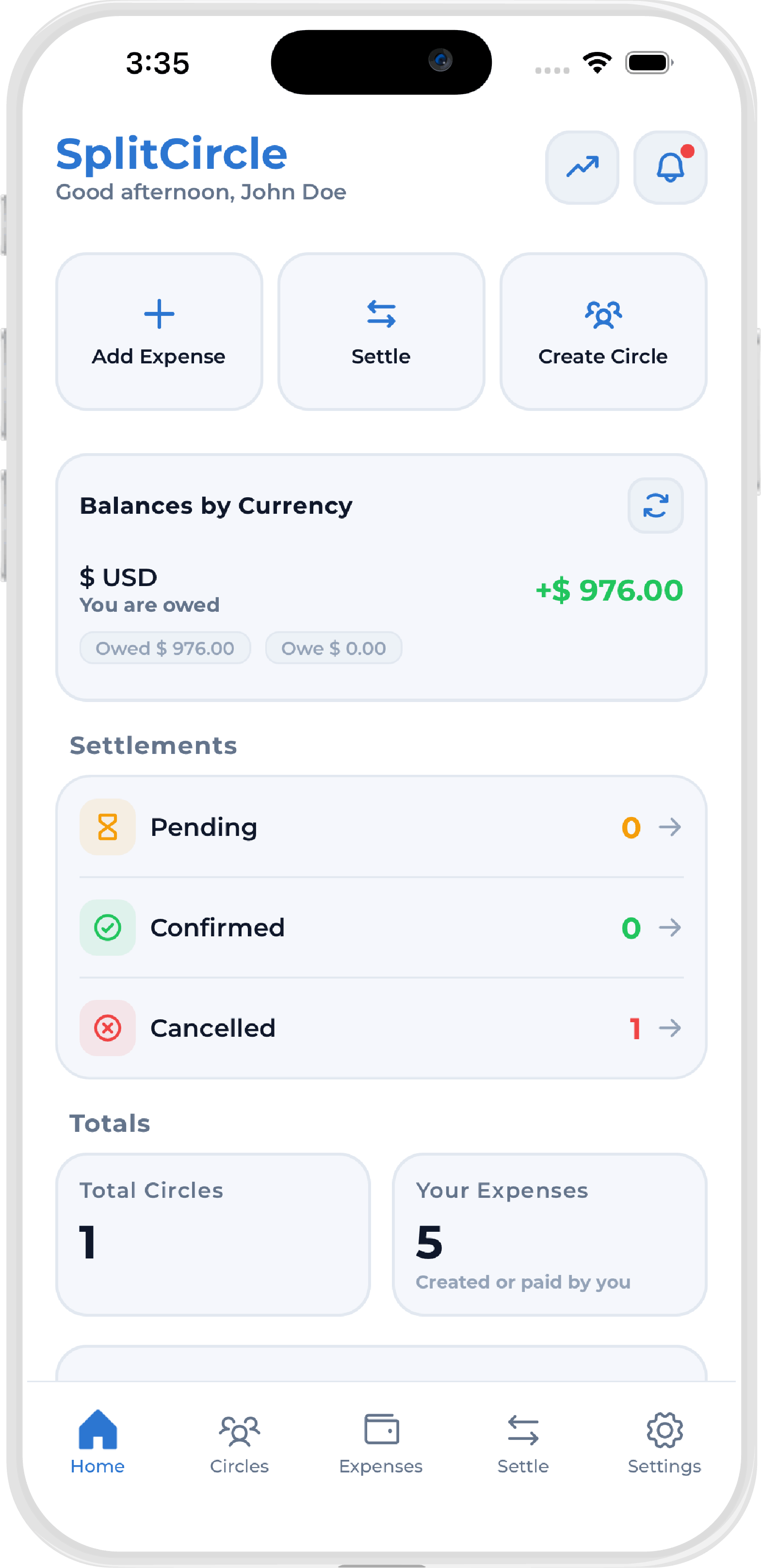 Split Circle app: group expense tracking, settlements, and analytics