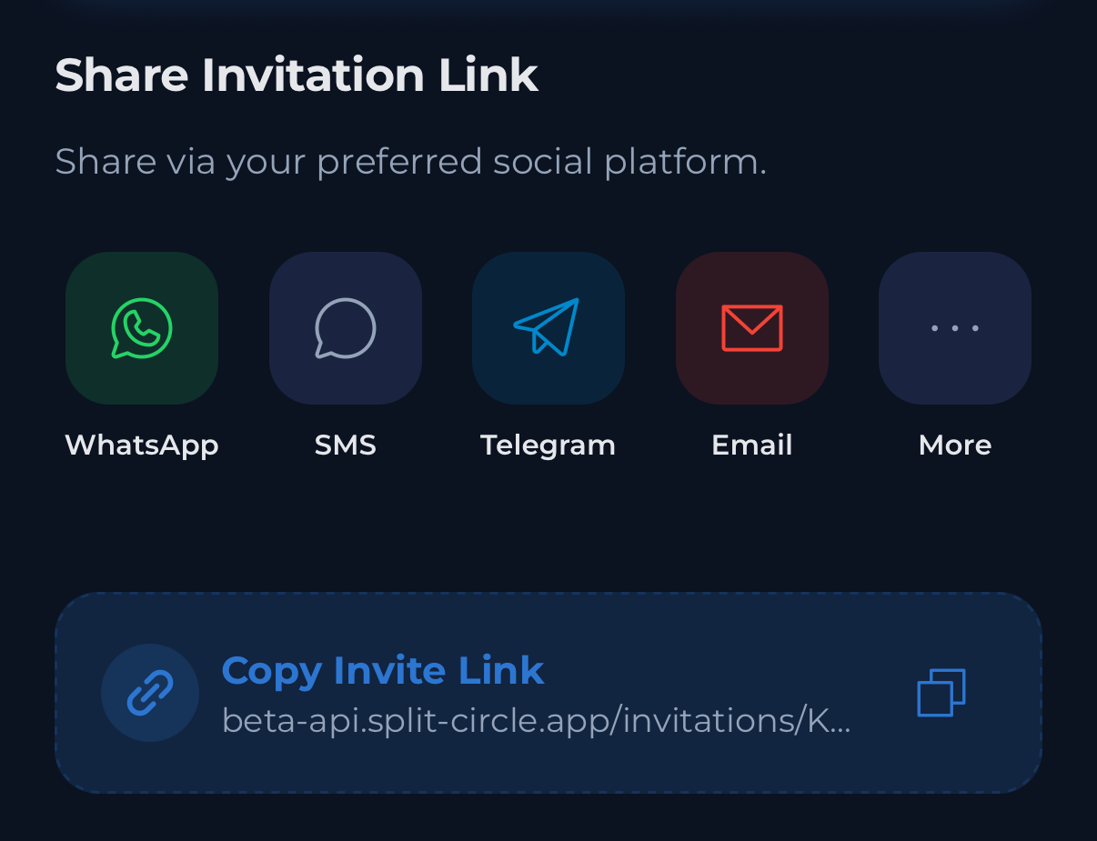 Invite screen showing share link with no sign-up required
