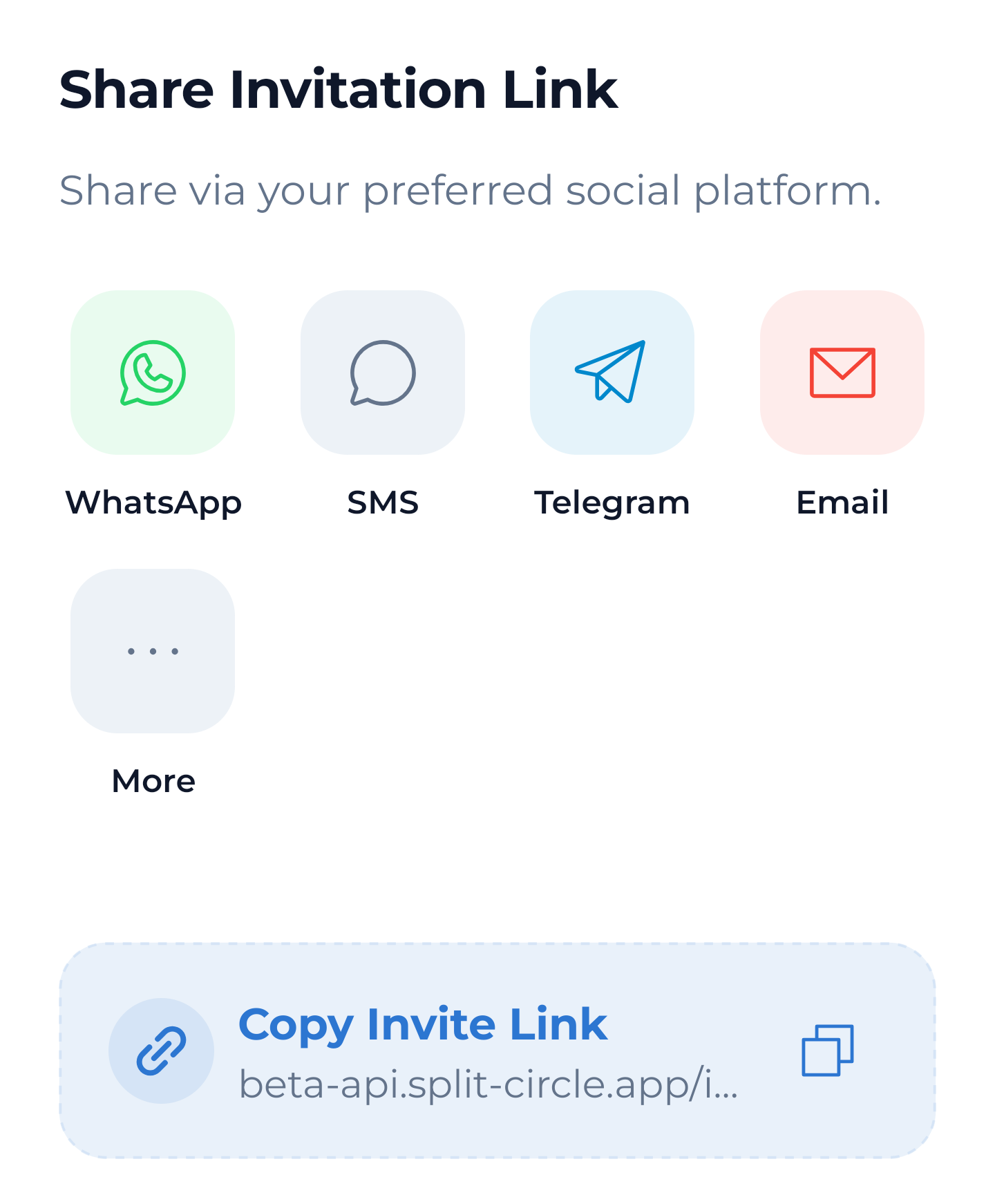 Invite screen showing share link with no sign-up required