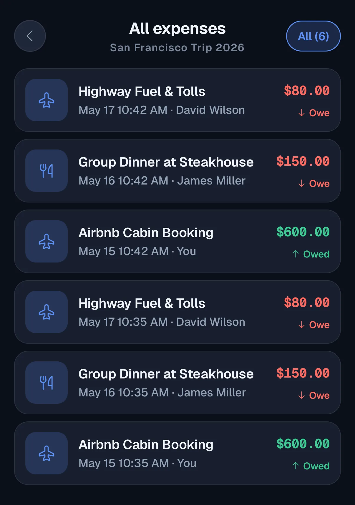 Expenses list with many entries and no daily limit warning