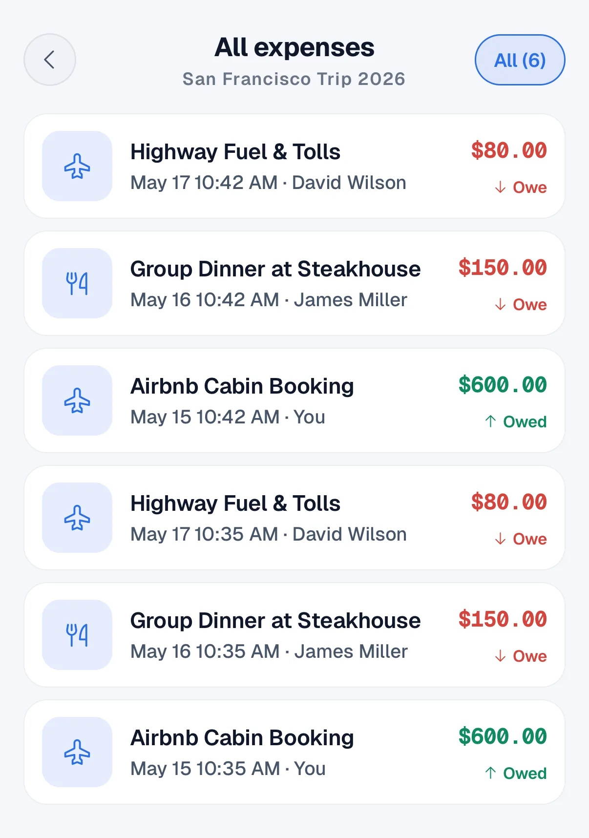 Expenses list with many entries and no daily limit warning
