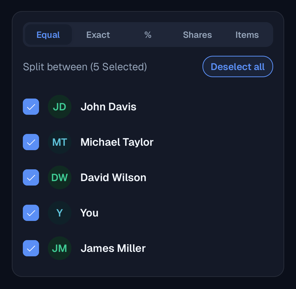 Split method selector showing five split options